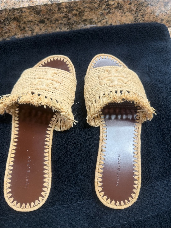 Tory Burch Shoes - Tory Burch Yellow Raffia Fringed Slide Mules